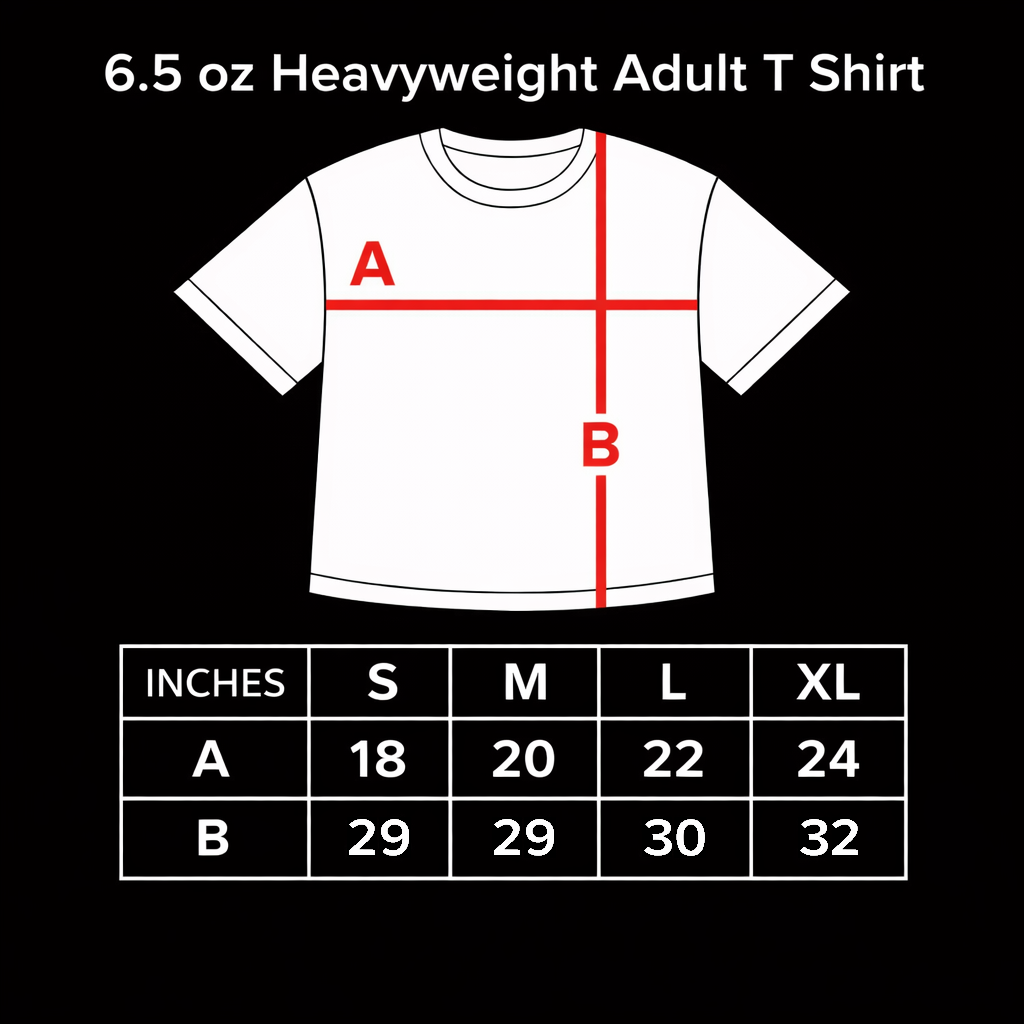 Size chart for 6.5 oz heavyweight adult t-shirt with chest width (A) and length (B): S 18x29, M 20x29, L 22x30, XL 24x32 inches, white text on black background