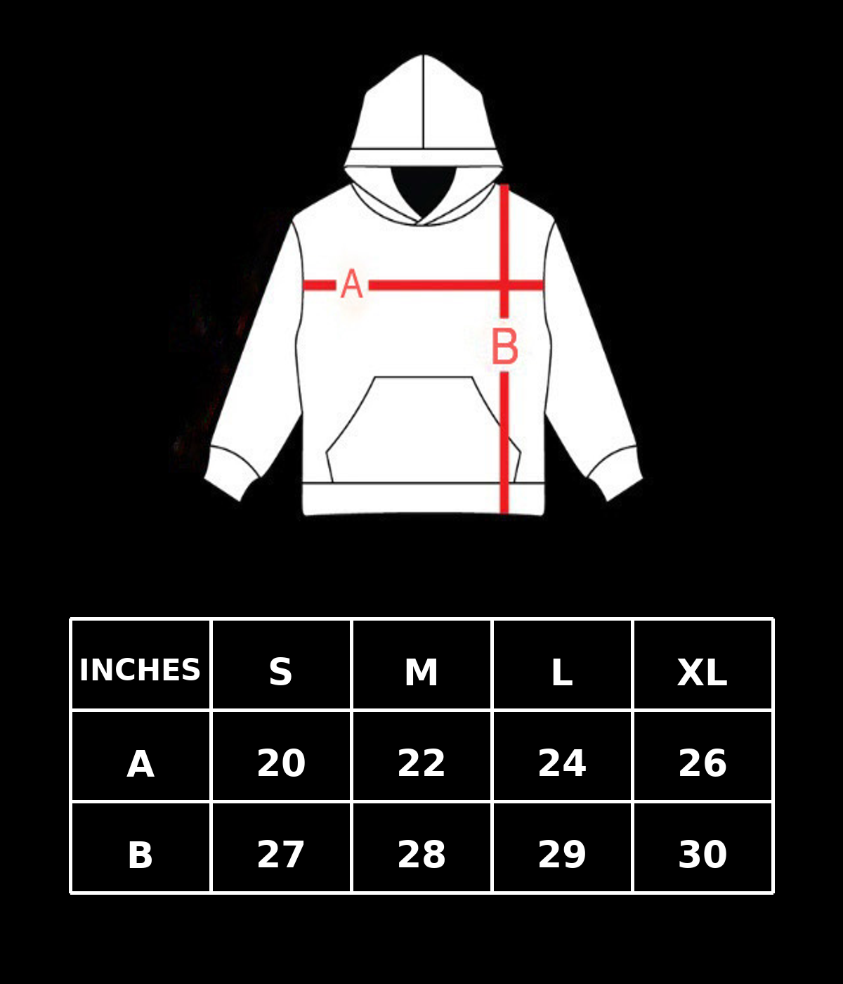 Hoodie size chart showing chest width (A) S 20, M 22, L 24, XL 26 inches and length (B) S 27, M 28, L 29, XL 30 inches