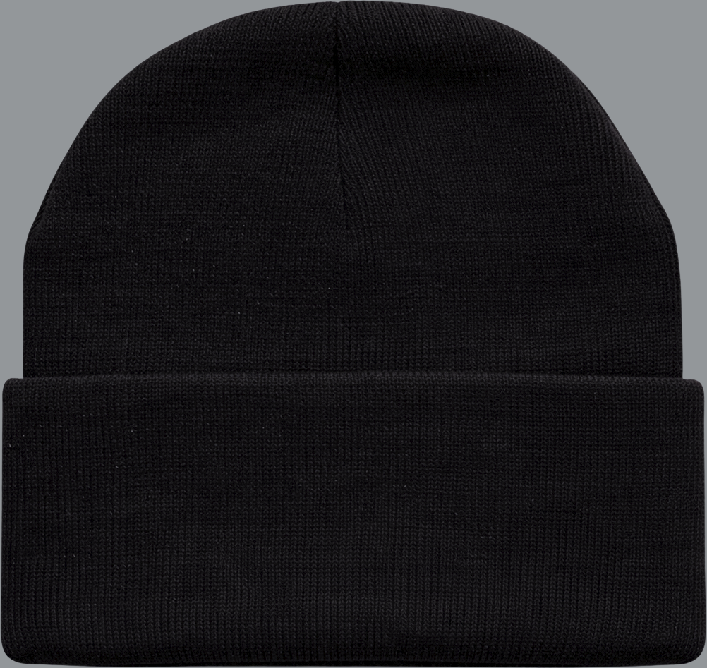 A black knit beanie is shown from the back against a neutral background. The beanie features a ribbed texture throughout and a folded cuff at the base. The shape is rounded and slightly slouchy at the top, with subtle vertical knit lines visible across the fabric. No logos or graphics are present on this side, highlighting a clean and minimal design. The material appears soft and slightly stretchy, consistent with a standard knit winter hat.