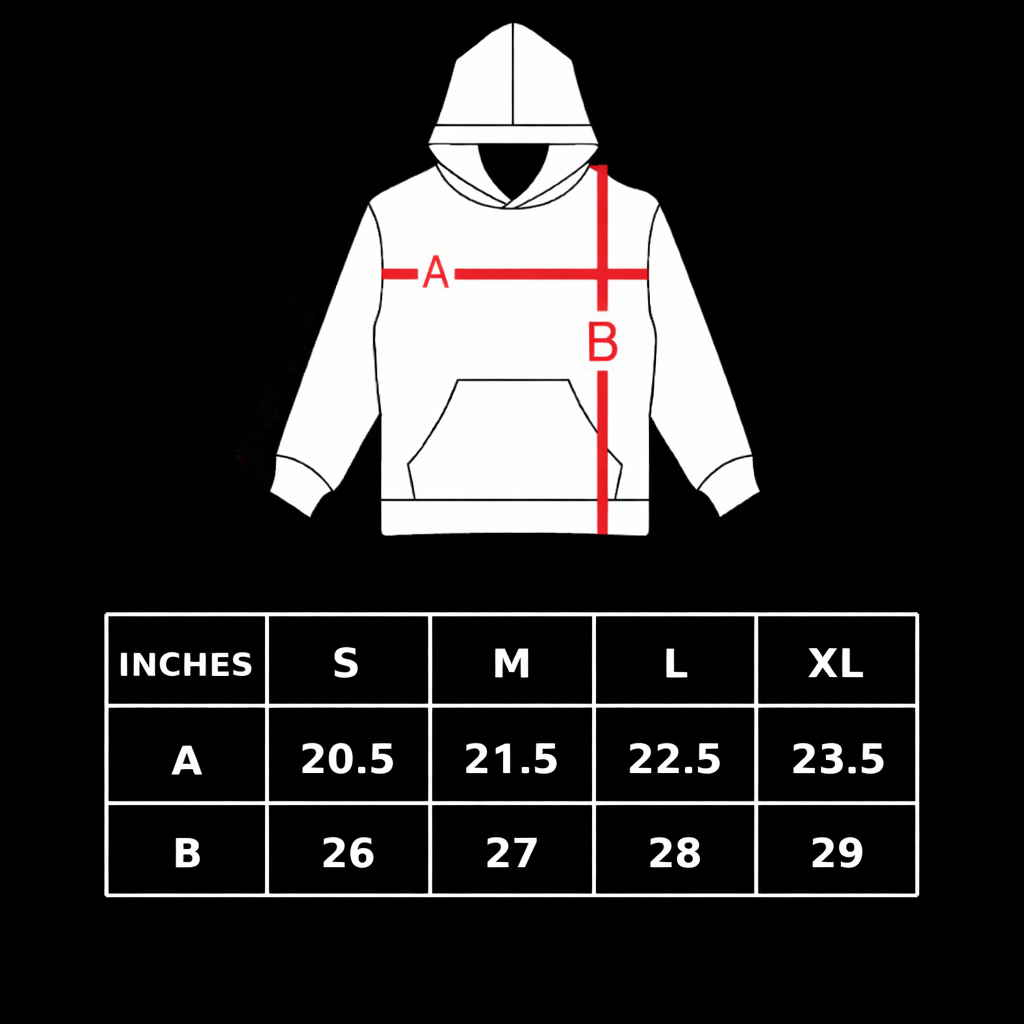 Hoodie size chart showing chest width (A) S 20.5, M 21.5, L 22.5, XL 23.5 inches and length (B) S 26, M 27, L 28, XL 29 inches