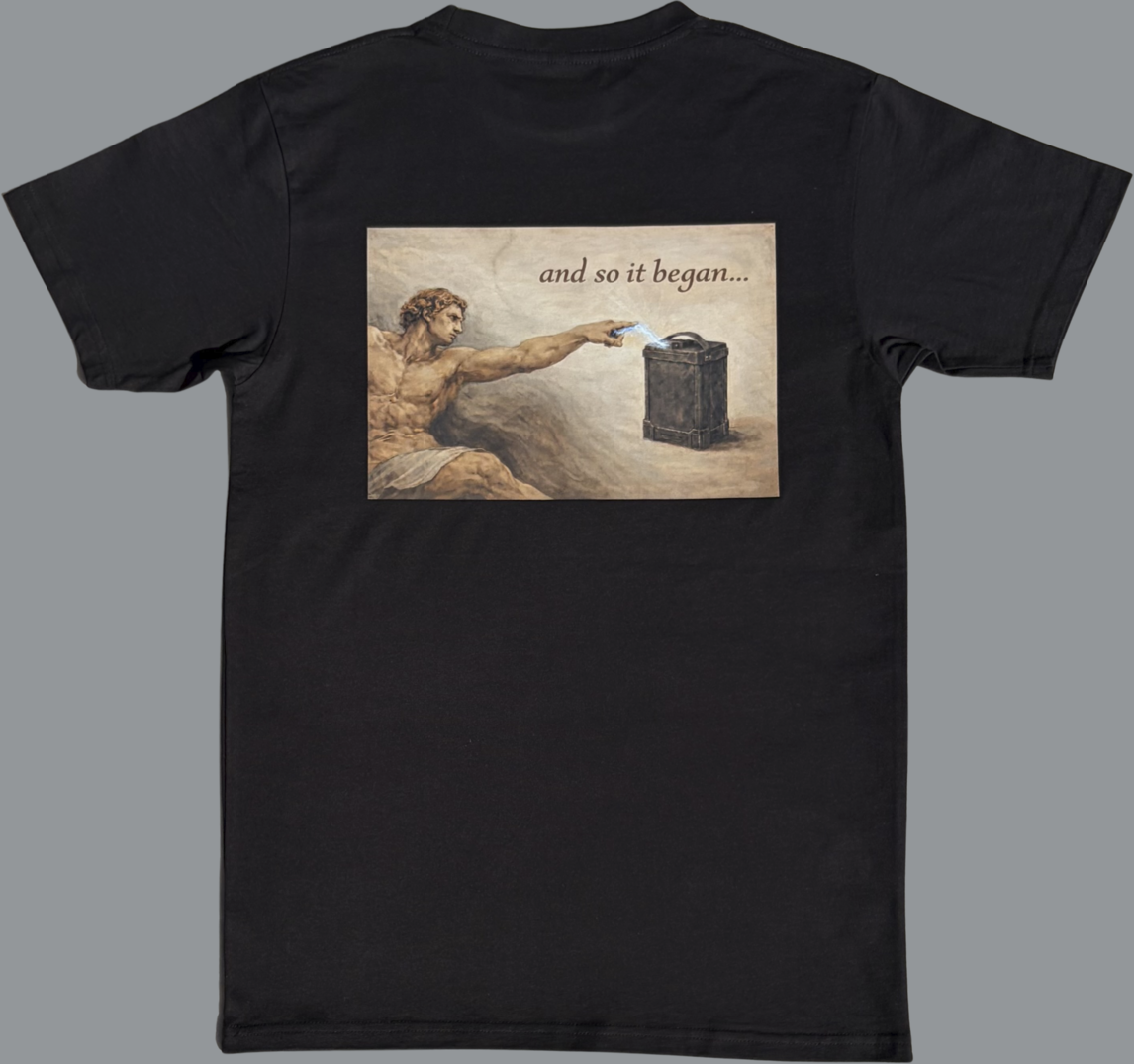 Black t-shirt with a graphic of a classical painting and text on a gray background
