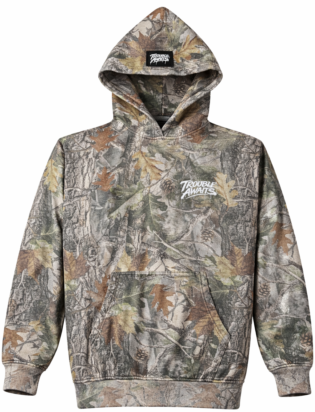 Camouflage hoodie with a brand logo on a white background