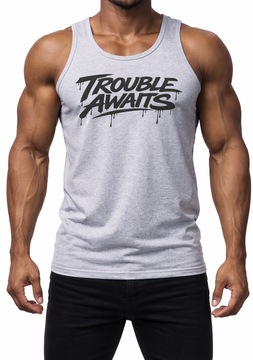 A studio-style product image shows a fit, athletic man standing against a clean, light gray background. The image is cropped from just below the chin to mid-thigh, focusing on the torso and arms. He is wearing a heather gray sleeveless tank top. The fabric appears soft and slightly textured, with natural folds around the waist.

The model has a muscular, well-defined build with prominent biceps, shoulders, and forearms. His arms are relaxed at his sides, slightly flexed, emphasizing muscle definition 