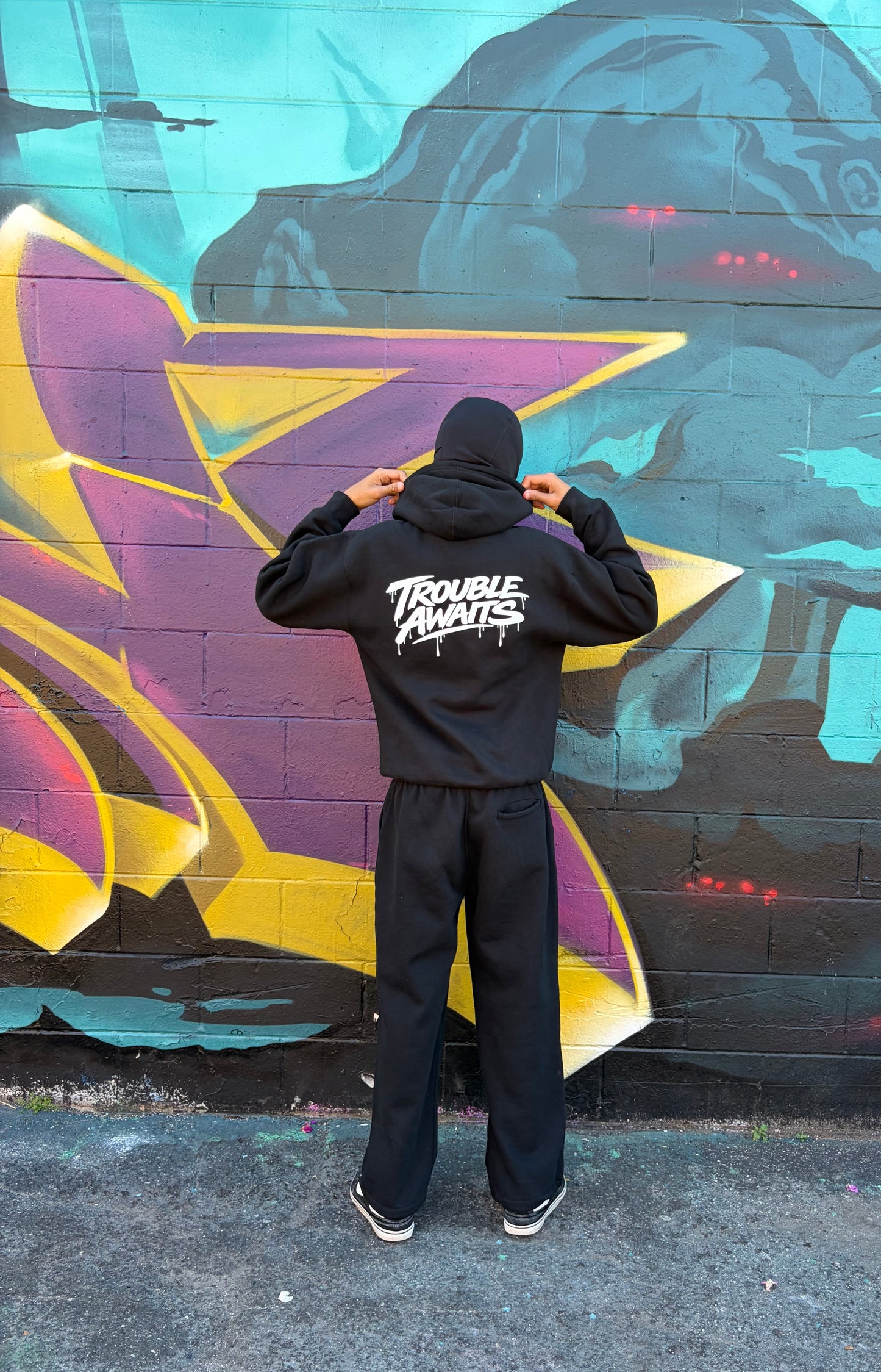 This image shows the back view of a person standing in front of a brightly colored graffiti mural painted on a brick wall. The mural features bold geometric shapes and lines in yellow, purple, teal, and black. The person is wearing a black pullover hoodie and matching black sweatpants, creating a coordinated streetwear outfit. The hoodie features a large white “Trouble Awaits” logo printed across the upper back in a stylized graffiti-inspired font with paint-drip details extending downward from the letters.