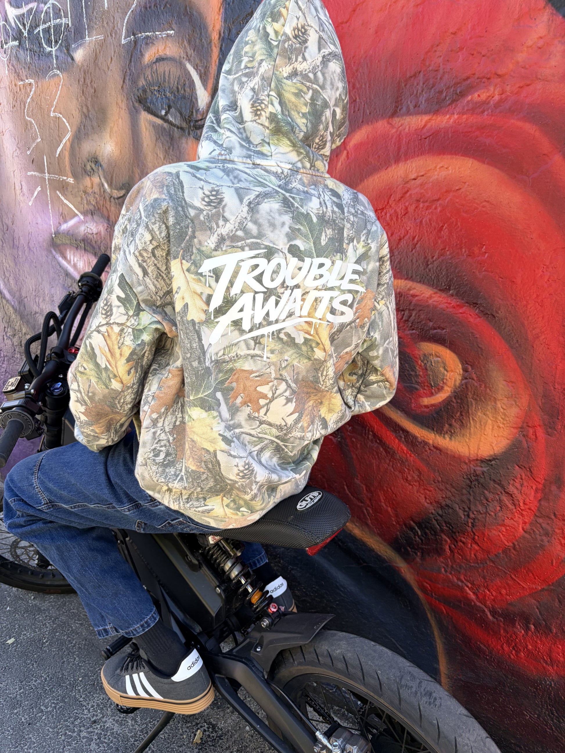 This image shows a person seated on a black electric-style bike, positioned sideways and facing away from the camera, in front of a vibrant mural painted on a textured wall. The mural includes a large stylized face on the left side and bold red and orange abstract shapes on a dark background. The person is wearing a camouflage-pattern hoodie featuring a detailed forest design with leaves, branches, and bark textures in shades of green, brown, tan, and gray. 