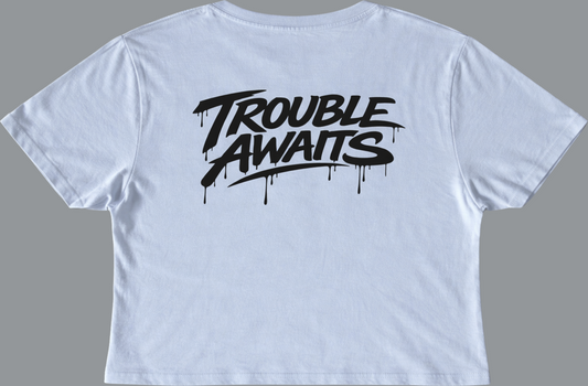 Back of light blue cropped t-shirt featuring black Trouble Awaits text logo with dripping graffiti design