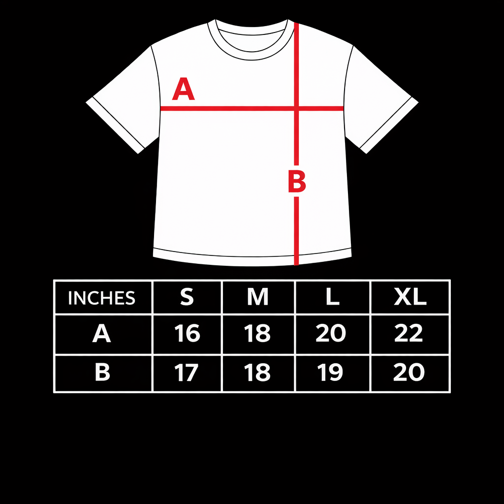 Cropped t-shirt size chart with chest width (A) S 16, M 18, L 20, XL 22 inches and length (B) S 17, M 18, L 19, XL 20 inches