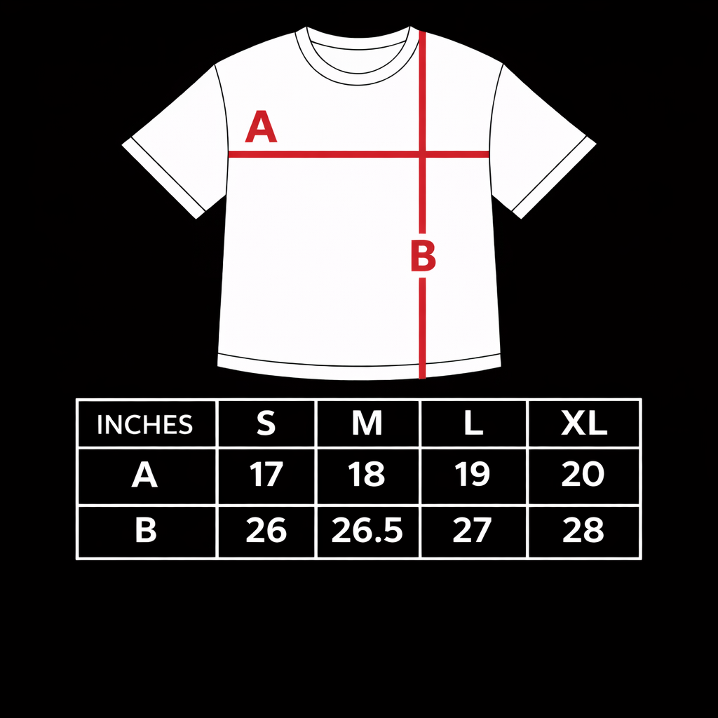 A black-background size chart featuring a light gray T-shirt illustration at the top. Red measurement lines indicate two dimensions: a horizontal line across the chest labeled “A” for width, and a vertical line from shoulder to hem labeled “B” for length.

Below the illustration is a table labeled “INCHES” with four size columns: S, M, L, and XL.

Chest width (A): Small 17 inches, Medium 18 inches, Large 19 inches, XL 20 inches.

Length (B): Small 26 inches, Medium 26.5 inches, Large 27 inches, XL 28 inches
