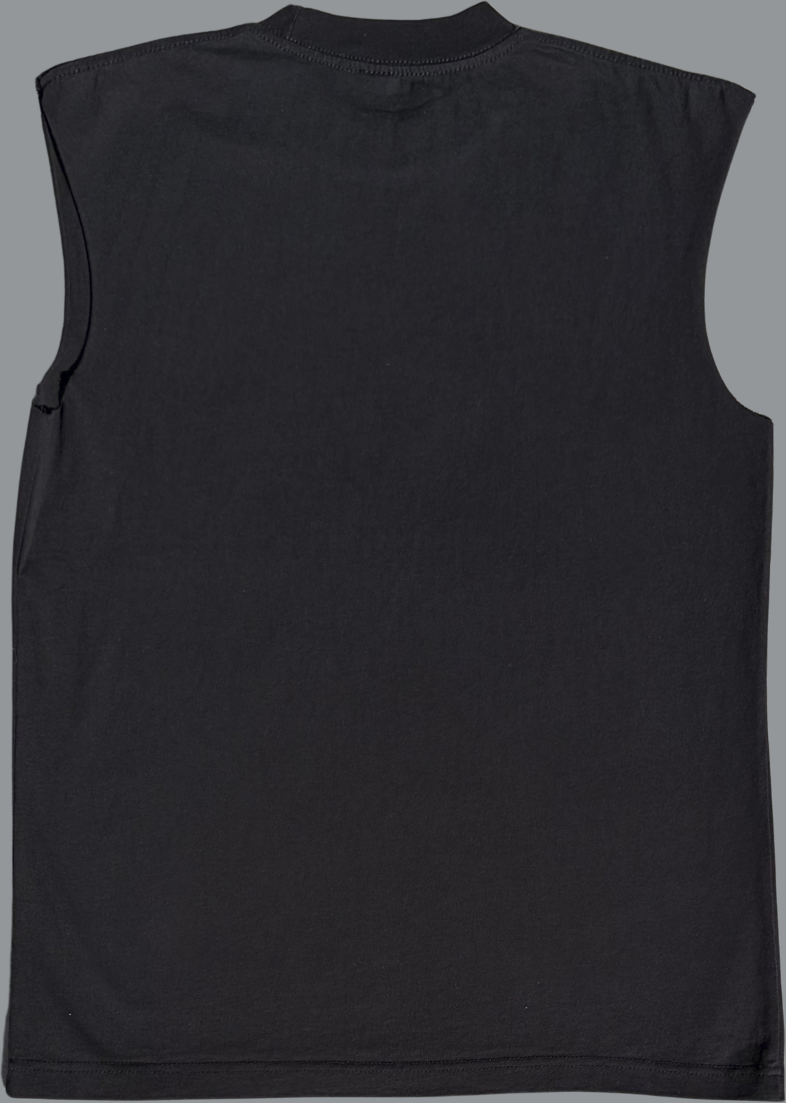 A sleeveless T-shirt (muscle tee) is displayed flat against a plain gray background, shown from the back. The shirt has a relaxed, boxy fit with wide arm openings, a crew neckline, and a straight hem.

The fabric is solid black with a smooth surface and subtle texture visible under even lighting. There are no graphics, logos, or text on the back, giving it a clean and minimal appearance.

The lighting is neutral and evenly distributed, clearly showing the garment’s shape, stitching, and fabric texture 