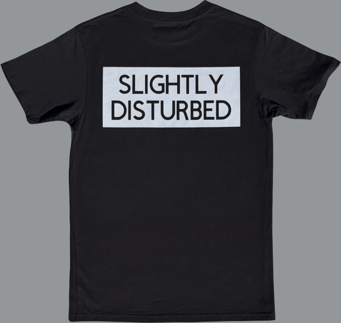 Black short sleeve t-shirt featuring a large rectangular graphic printed across the upper back. The design consists of a light grey box containing the words “SLIGHTLY DISTURBED” in bold, all-capital black lettering. The rest of the shirt is plain black with no additional visible graphics.