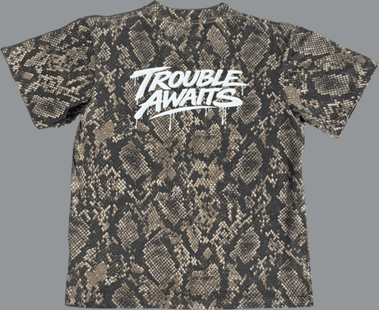 A back view of an oversized, boxy short-sleeve T-shirt displayed flat against a neutral gray background. The shirt features a detailed snakeskin pattern in shades of black, dark brown, and beige, creating a textured, scale-like appearance across the entire fabric.

Centered across the upper back is a large white graphic that reads “Trouble Awaits” in a bold, graffiti-style script. The lettering includes dripping paint details extending downward from several parts of the text, giving it a street-art style