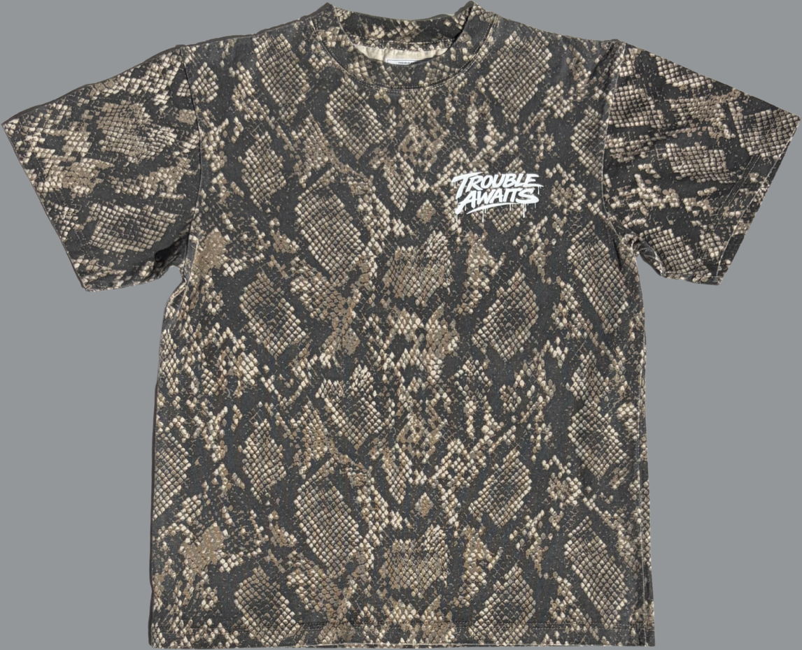 A front view of an oversized, boxy short-sleeve T-shirt displayed flat against a neutral gray background. The shirt features a detailed snakeskin pattern in shades of black, dark brown, and beige, creating a textured, scale-like appearance across the entire garment.

On the upper left chest, there is a small white “Trouble Awaits” graphic in a graffiti-style script with subtle dripping paint details. The bright white logo stands out clearly against the darker, patterned fabric.

