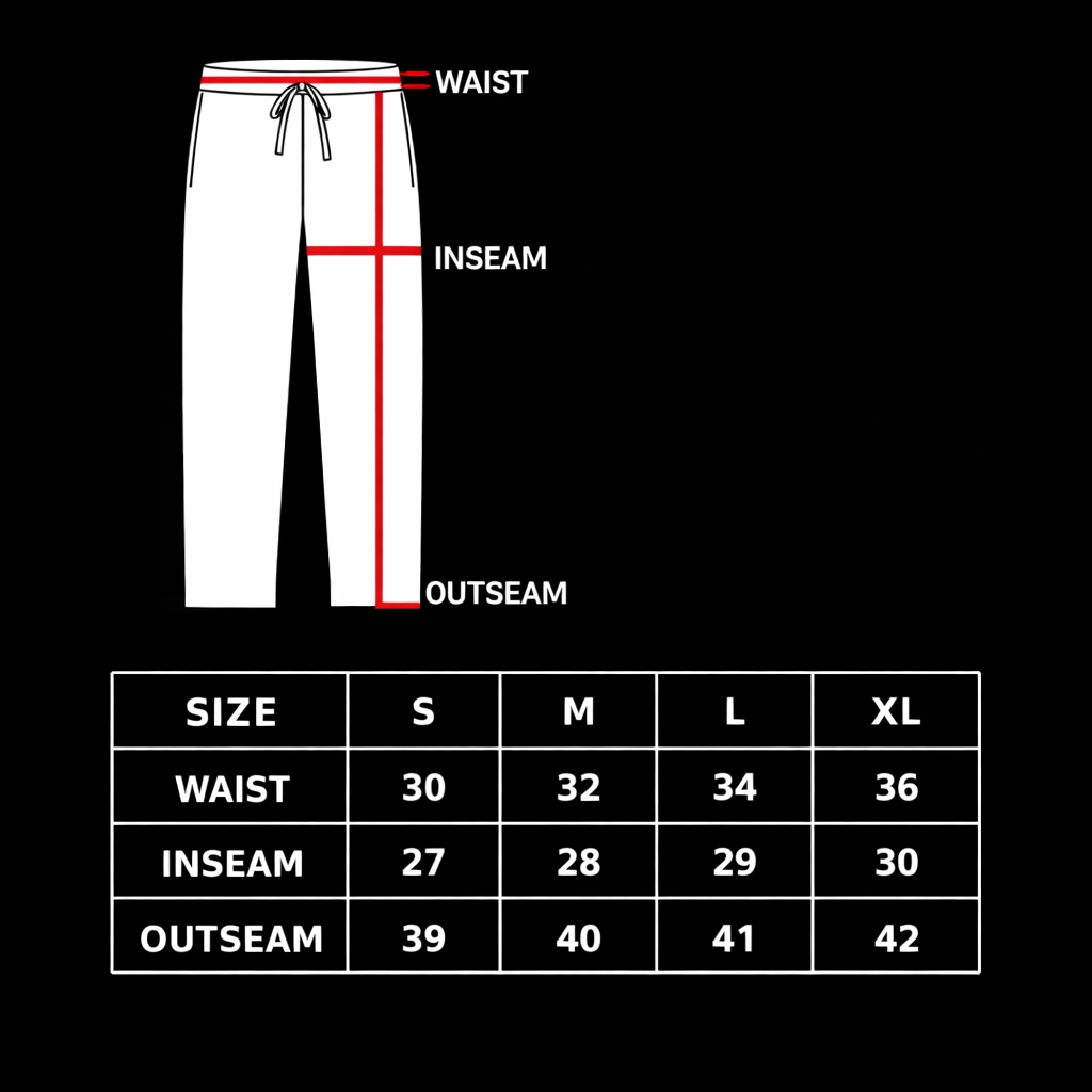 Black size chart graphic showing baggy, straight-leg sweatpants with no cuffs. A white outline illustration of the pants appears at the top with red measurement guides labeled “WAIST” across the waistband, “INSEAM” along the inner leg, and “OUTSEAM” running from waist to hem. Below, a table lists sizes S, M, L, and XL in inches. Waist measurements: S 30, M 32, L 34, XL 36. Inseam: S 27, M 28, L 29, XL 30. Outseam: S 39, M 40, L 41, XL 42.
