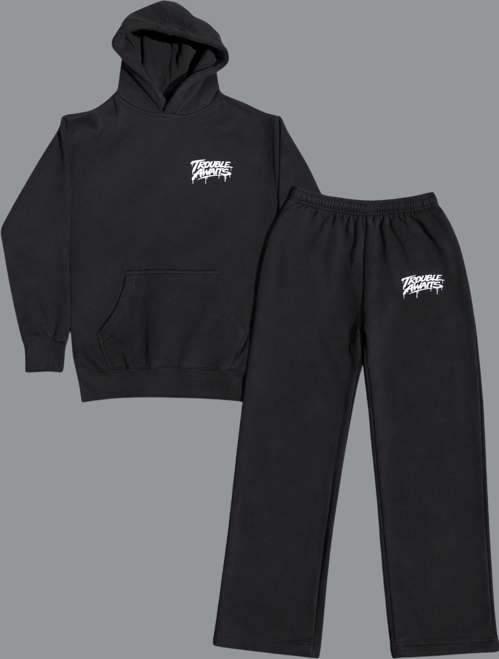 Black hoodie and pants set with a logo on a gray background
