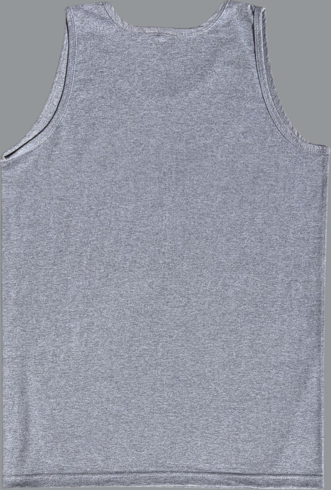 A sleeveless tank top is displayed flat against a plain gray background, shown from the back. The garment has a relaxed, straight fit with wide shoulder straps, large arm openings, and a gently rounded neckline.

The fabric is heather gray, featuring a subtle mixed-tone texture that gives it a soft, slightly speckled appearance. The material appears smooth with minimal natural creasing visible under even lighting.

There are no graphics, logos, or text on the back, creating a clean and minimal design. 