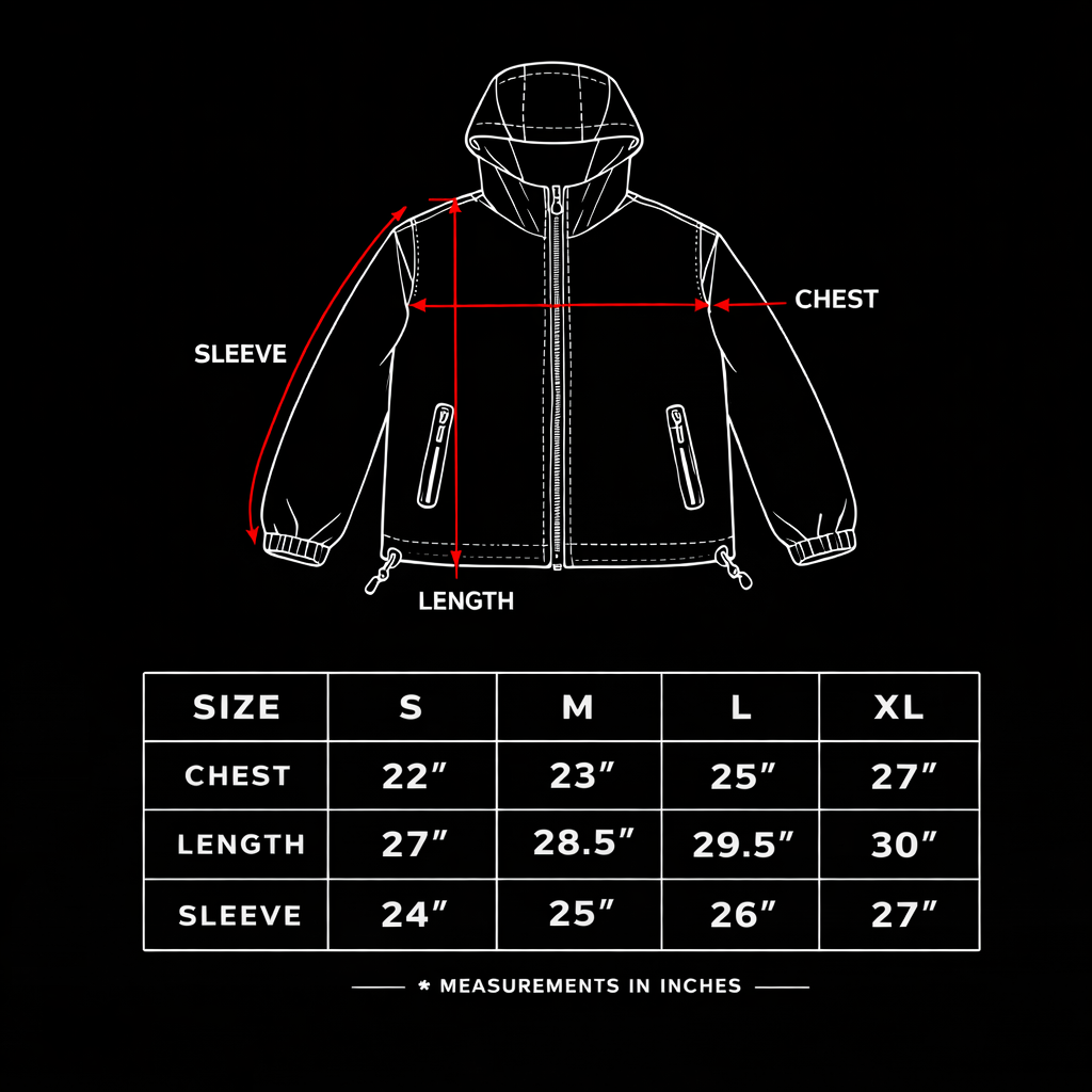 Windbreaker size chart showing chest S 22, M 23, L 25, XL 27 inches, length S 27, M 28.5, L 29.5, XL 30 inches, and sleeve S 24, M 25, L 26, XL 27 inches