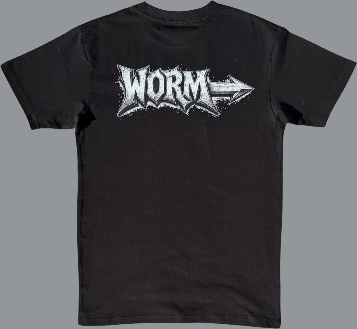 Black t-shirt with 'WORM' logo on a gray background