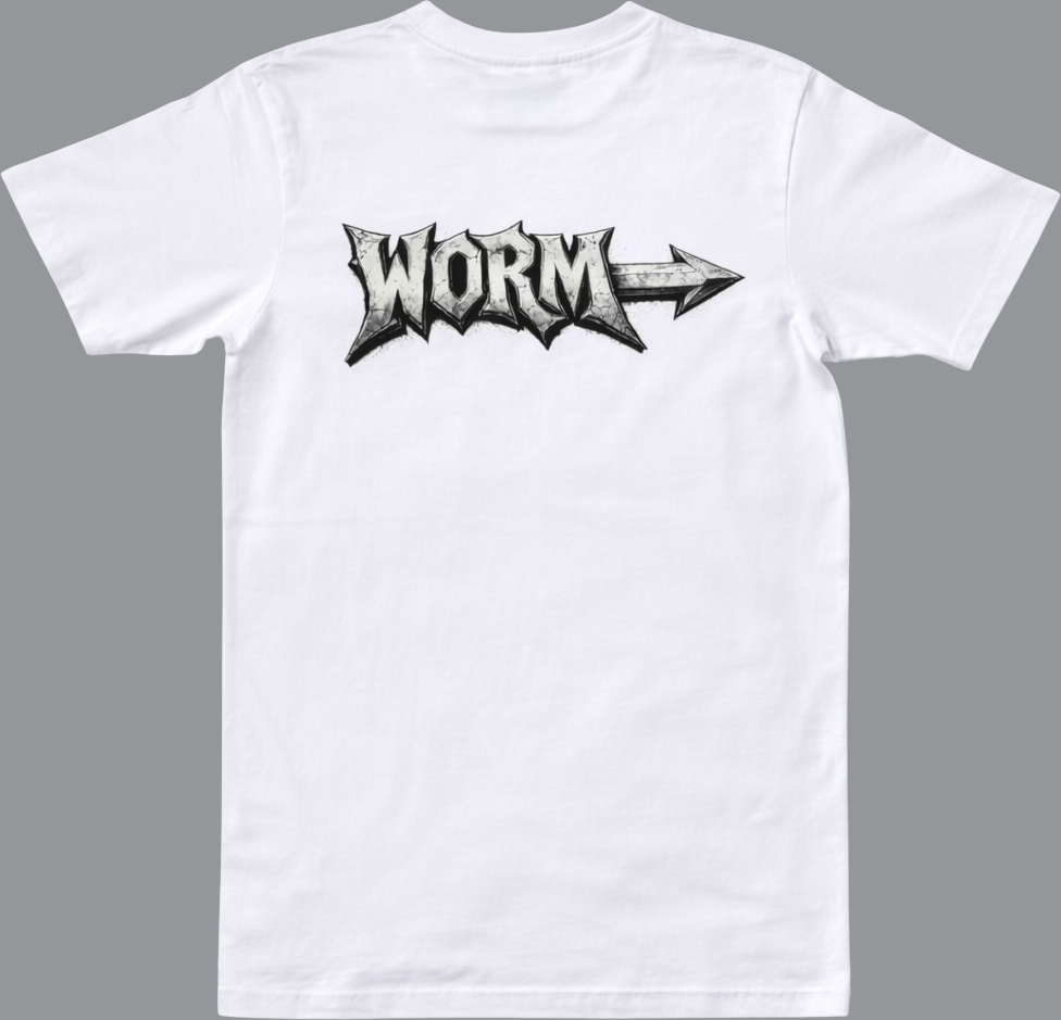 White t-shirt with 'WORM' logo on a gray background