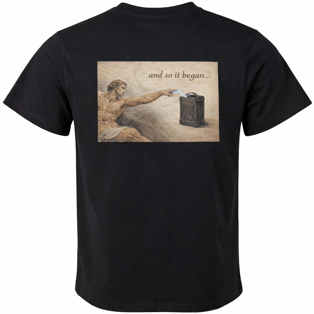 Black short sleeve t-shirt featuring a rectangular graphic printed across the upper back. The image is styled like a classical painting and shows a muscular figure reaching out with an extended hand toward a battery-like object, with a small spark of electricity between them. Above the image, the text reads “and so it began…”. The rest of the shirt is plain black with no additional visible graphics.