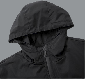 Black hooded jacket with a zipper on a gray background