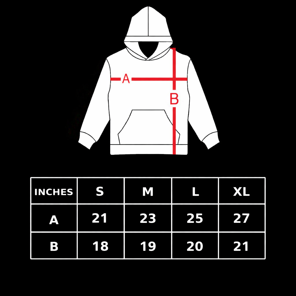 Cropped hoodie size chart showing chest width (A) S 21, M 23, L 25, XL 27 inches and length (B) S 18, M 19, L 20, XL 21 inches