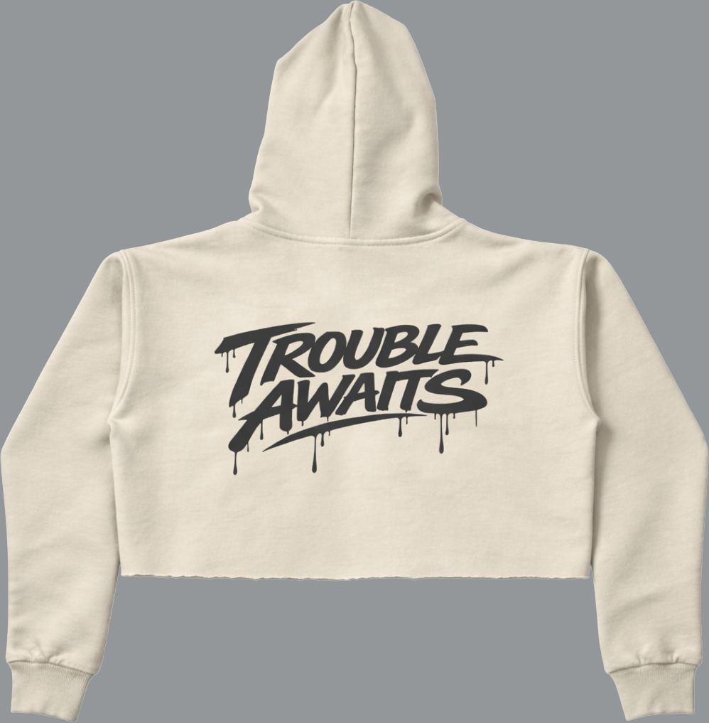 Back view of a women’s cropped hoodie in a light cream/beige color. The hoodie features a relaxed, slightly oversized fit with dropped shoulders and long sleeves that taper into ribbed cuffs. The hem is raw-cut, giving it a casual, unfinished edge. Centered across the upper back is a bold black graphic reading “Trouble Awaits” in a graffiti-style script with paint-drip effects extending downward from the lettering. The hood is up and structured, and  is shown against a plain neutral gray background
