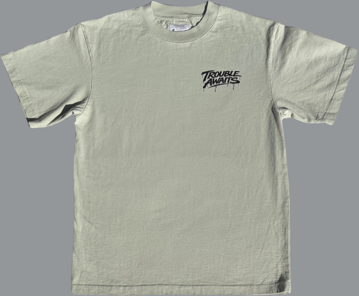 A short-sleeve T-shirt is displayed flat against a plain gray background, shown from the front. The shirt has an oversized, boxy silhouette with wide sleeves, a crew neckline, and a straight hem.

The fabric is a muted sage green color with a soft, slightly desaturated tone. Subtle fabric texture and natural creasing are visible across the surface under even lighting.

On the upper left chest, there is a small black “Trouble Awaits” logo in a graffiti-style font. The lettering is bold 