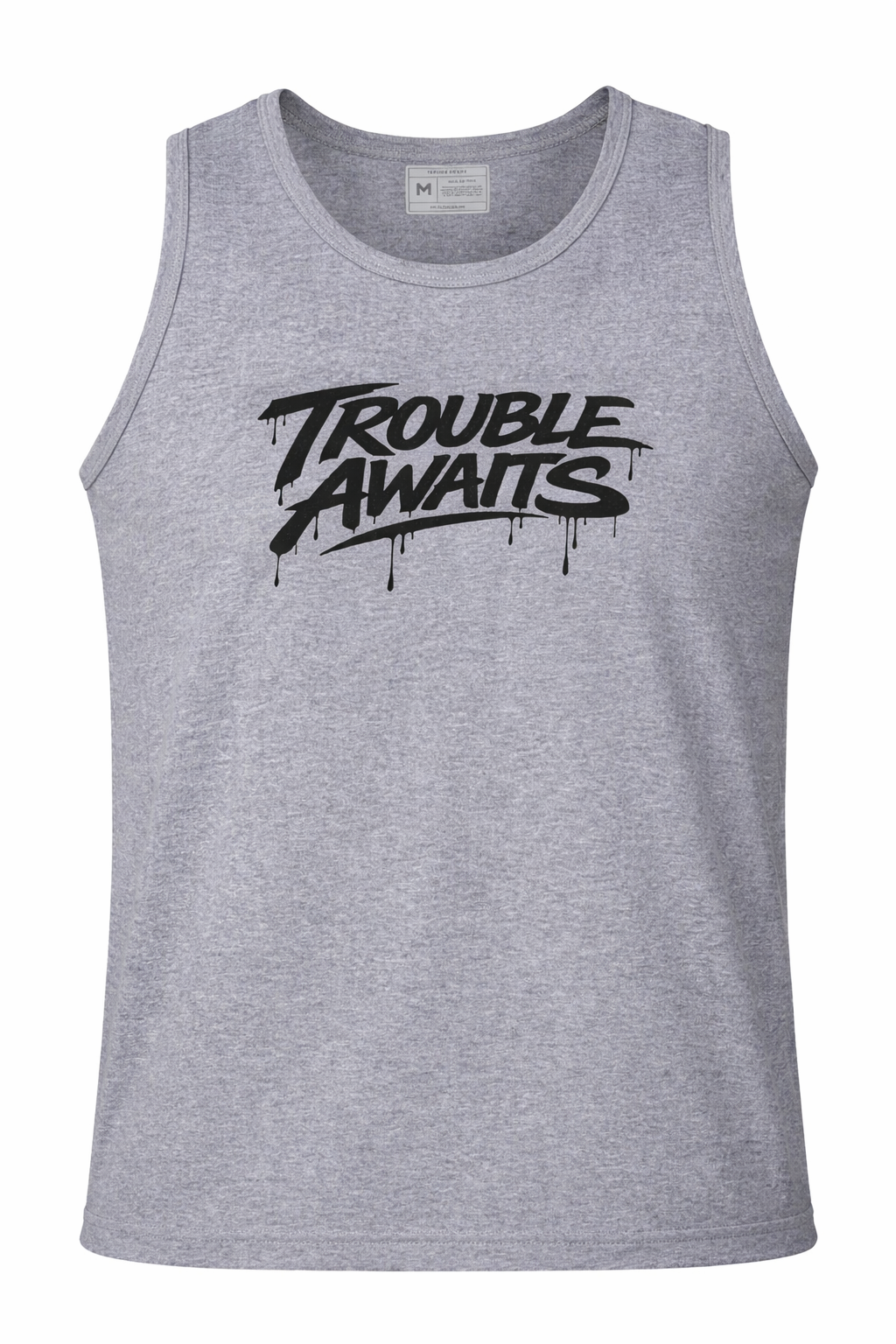 A sleeveless tank top is displayed flat against a plain white background, shown from the front. The garment has a relaxed, straight fit with wide shoulder straps, large arm openings, and a rounded scoop neckline. A size label is visible inside the collar at the back of the neckline.

The fabric is heather gray, featuring a subtle mixed-tone texture typical of blended cotton materials. 

Centered across the chest is a large k logo